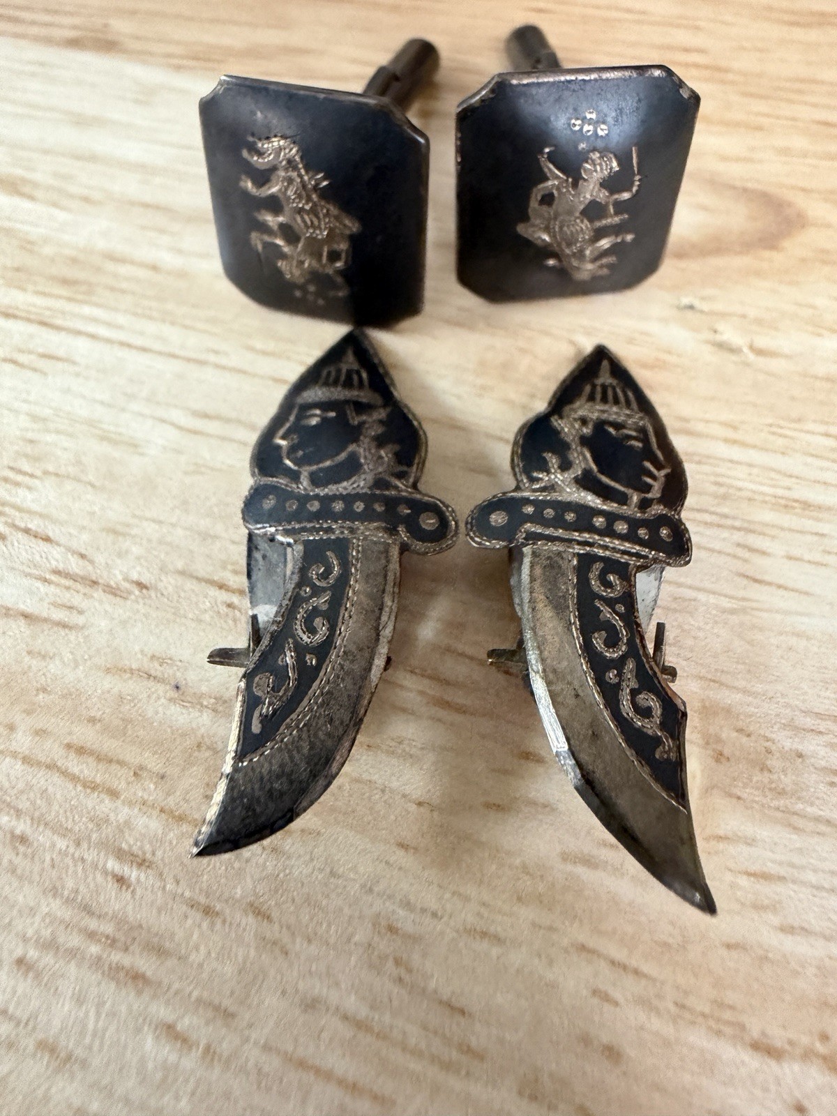 Siam Vietnam Sterling Silver Cuff Links & Earrings Set