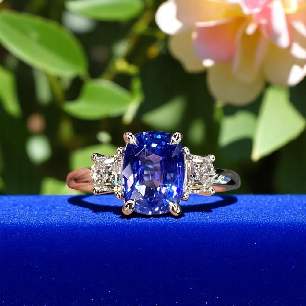 14k Gold Engagement Ring 3.10 Ct Lab Created Diamond Cushion Blue Sapphire White