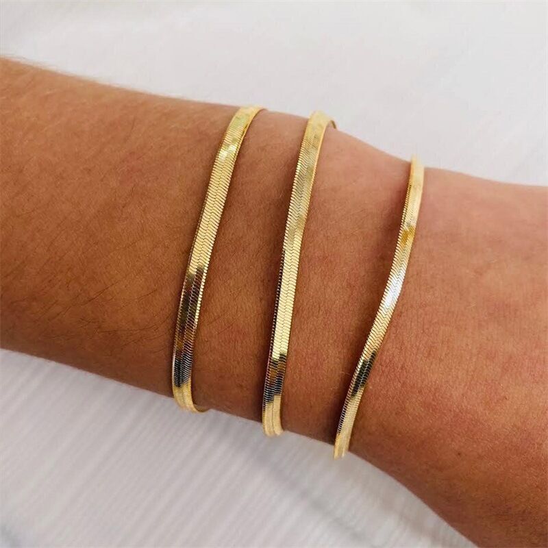 3/4/5mm Woman 14K Gold Plated Herringbone Flat Snake Chain Bracelet Bangle 7-9”