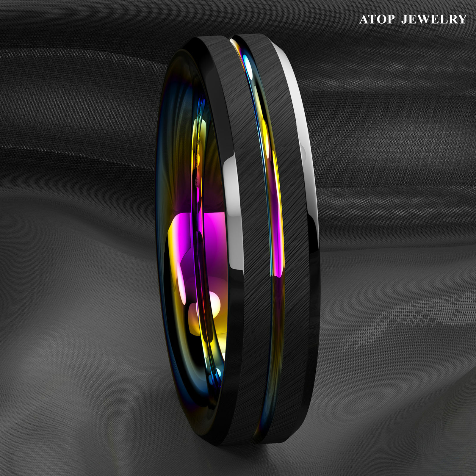 8/6mm Black Brushed Tungsten Carbide Ring Rainbow Line Wedding Band ATOP Jewelry
