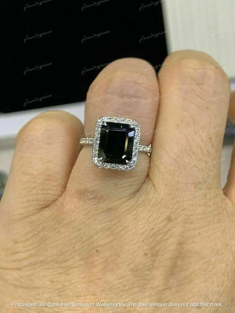 3Ct Emerald Black Onyx Lab-Created Halo Engagement Ring 14K White Gold Plated