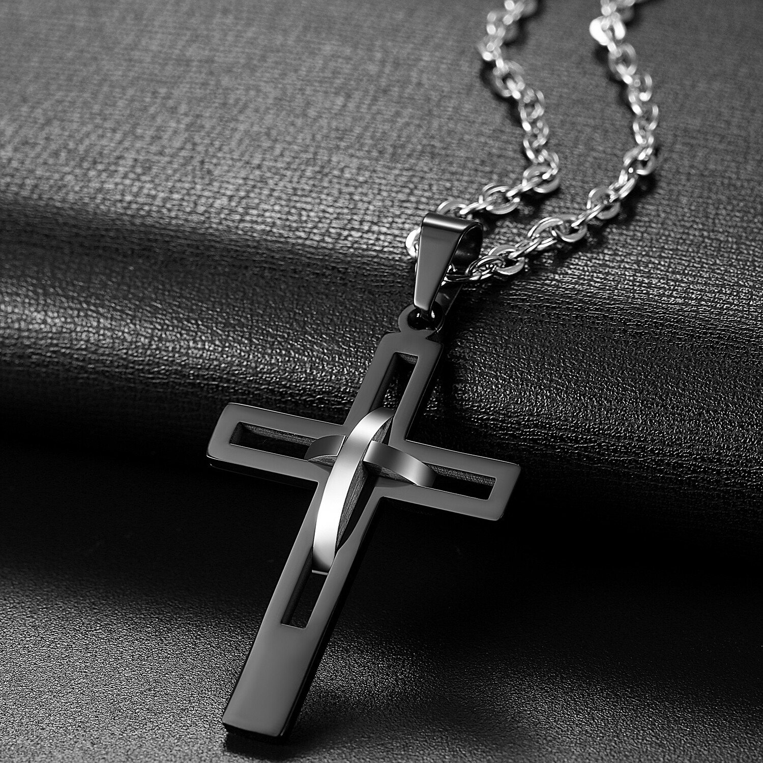 Men’s Black Silver Double Hollow Cross Stainless Steel Pendant Necklace Gift