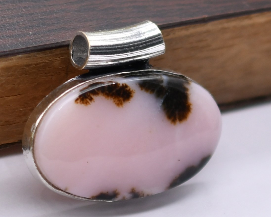 Pink Opal Natural Gemstone Antique Silver Plated Pendant 1″ J 1700