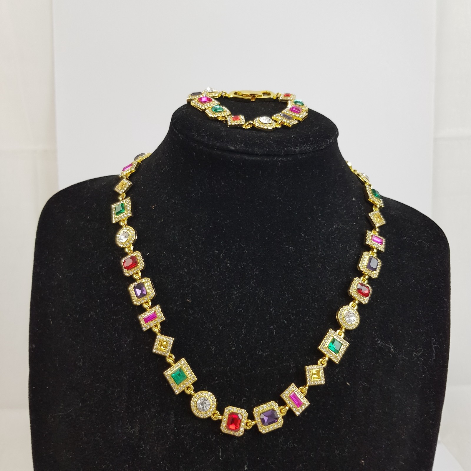 NEW Gold Toned Multi Coloured Gem Halo Set Necklace & Bracelet Set Unboxed