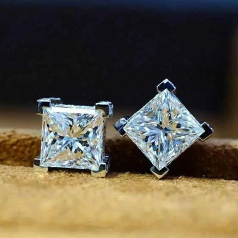 White Gold Princess Cut Diamond Stud Earrings Classic Minimalist Unisex Jewelry