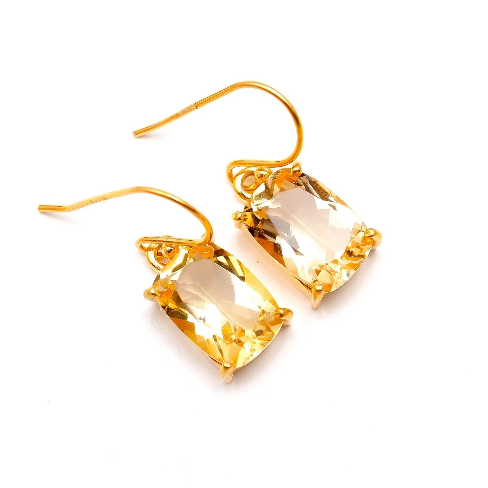 Natural Citrine Cushion Dangle Gold Plated Earrings 925 Sterling Silver Jewelry