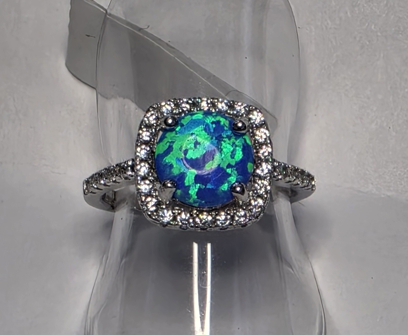 Opal & Zircon Halo Ring Sz 7 Full Color!Gorgeous Stone Sterling Silver Plt LOVE