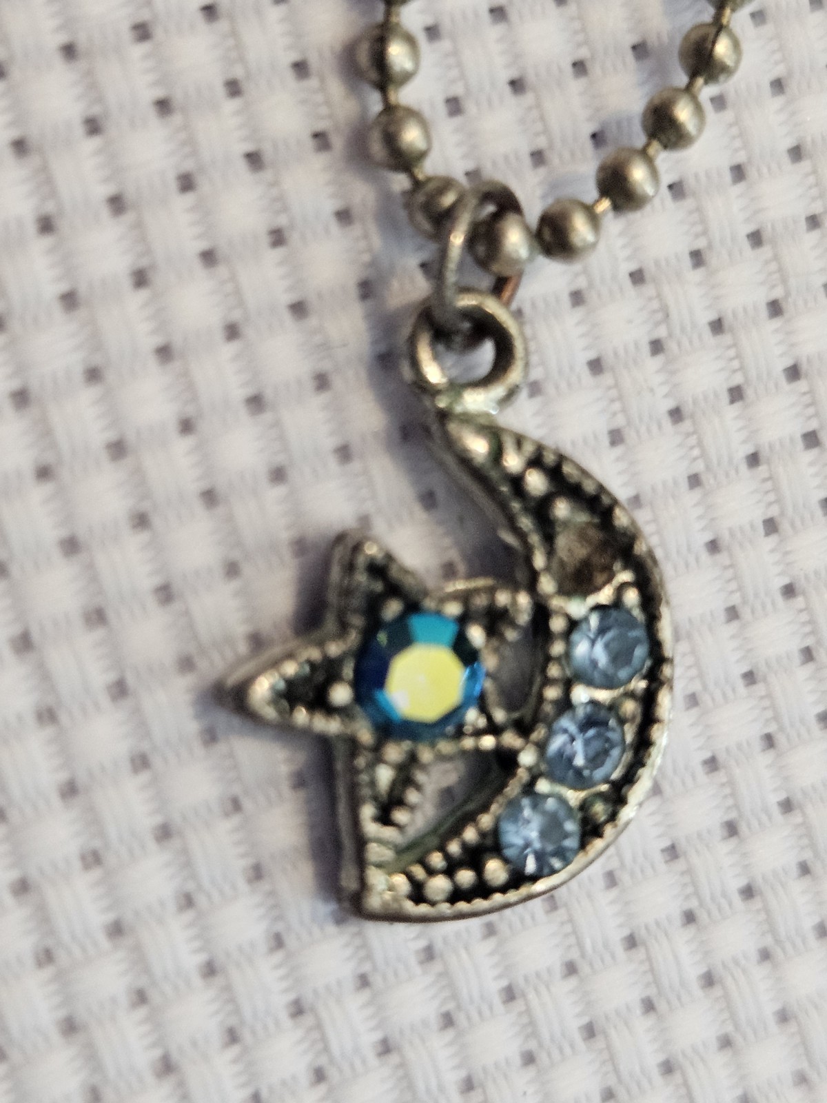 Celestial Moon & Star Necklace Blue Rhinestone Crescent Pendant Silver Tone