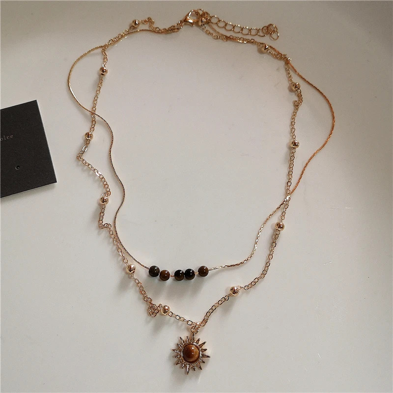 Women’s Vintage Leather Stone Pendant Beaded Choker Chain Necklace Y2K Jewelry