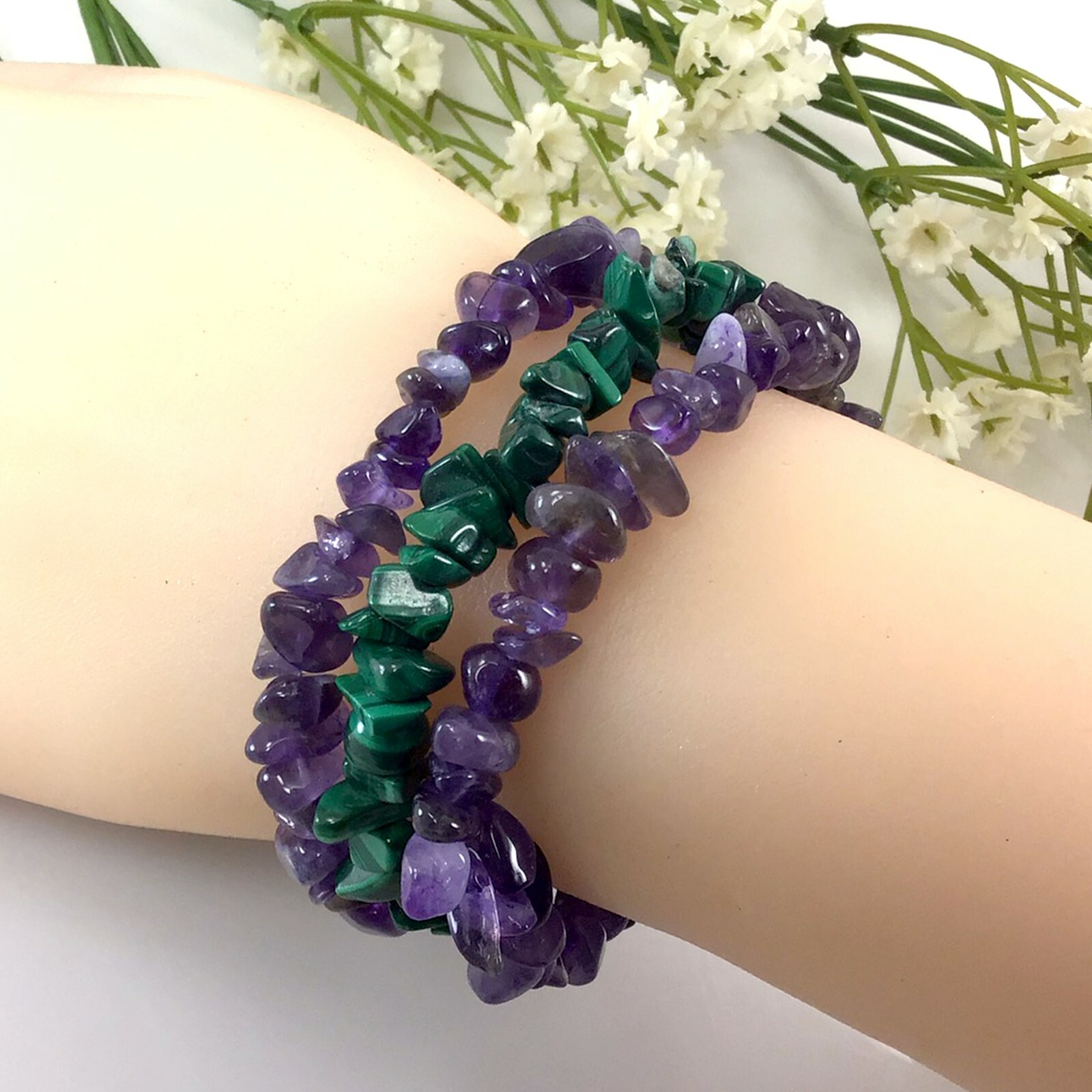 Gemstone Chips Bracelet 7.5″ Elastic Stretch Beaded gift Handmade Beautiful