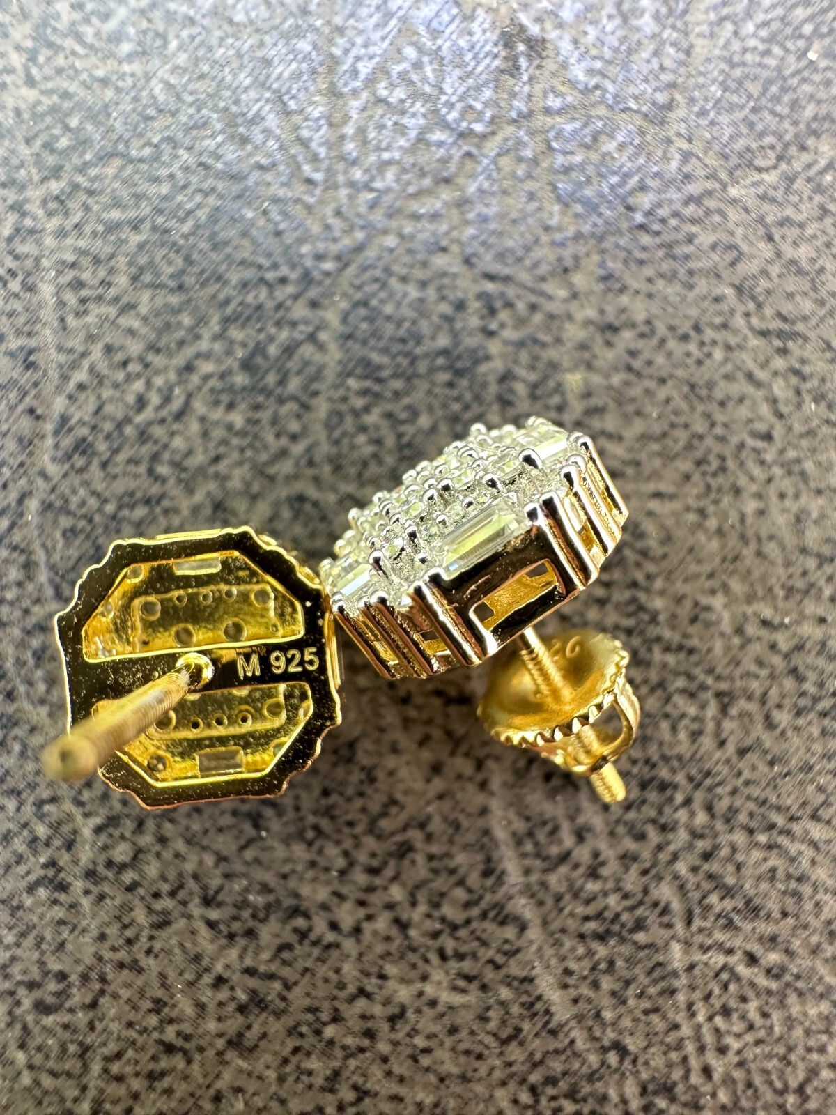 Screwback Earrings Real 14k Gold Plated 925 Silver CZ Baguette Iced Studs HipHop