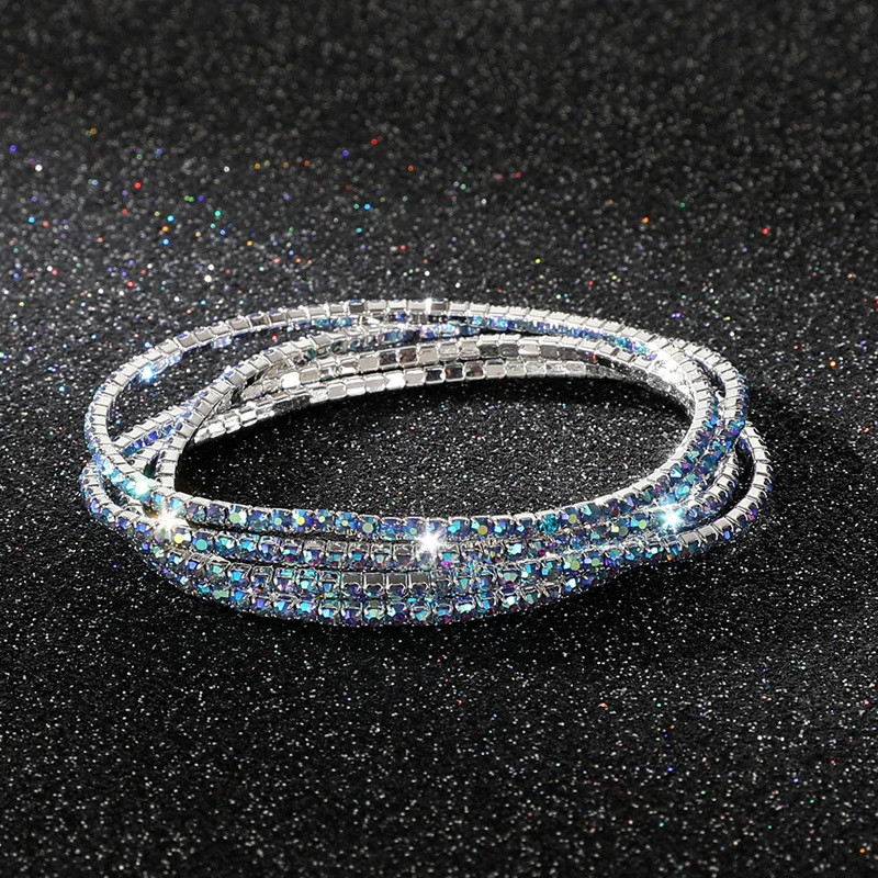 5 Pc Elastic Crystal Rhinestone Bracelet Women Gold Tone Round Chain Jewelry