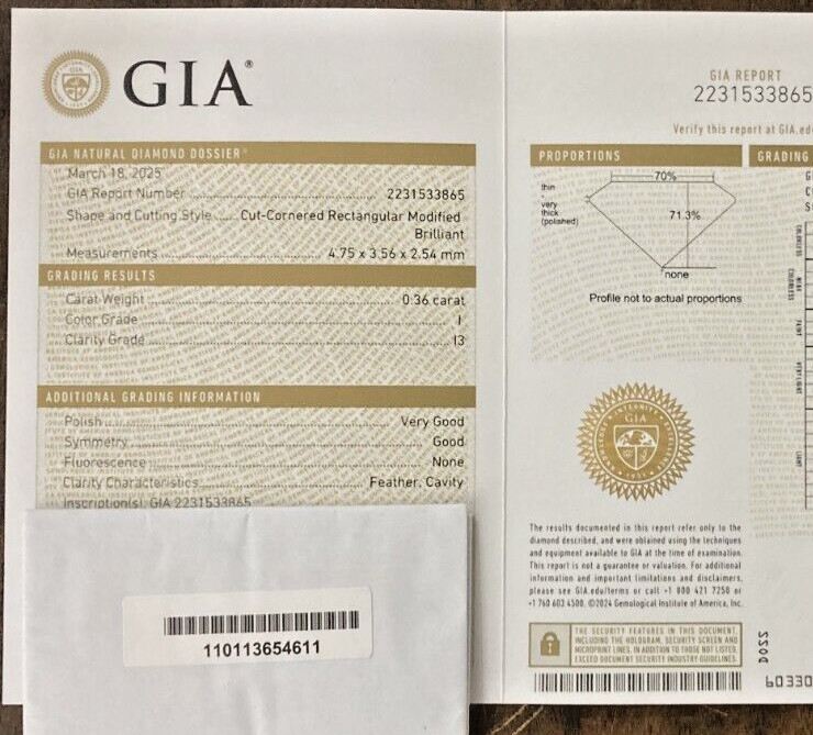 GIA Certified .36ct. Natural Loose Diamond I I3 Rectangular Modified Brilliant