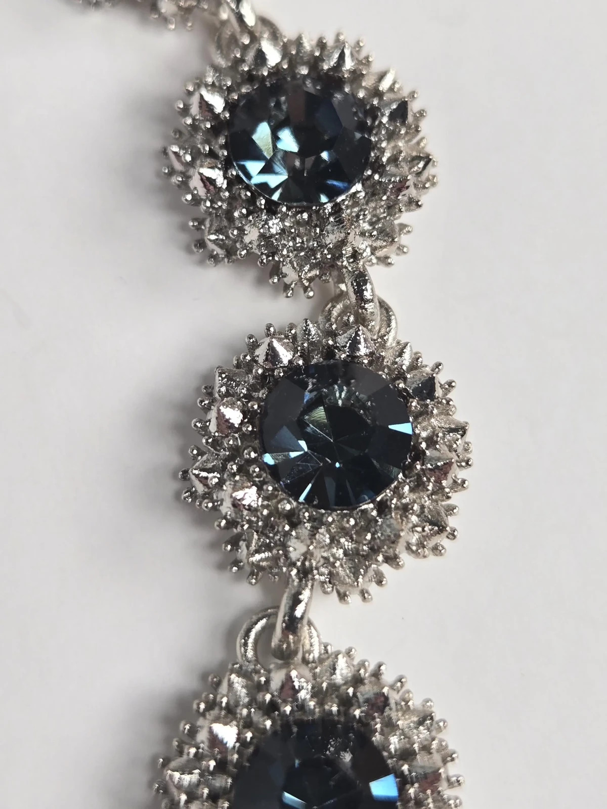 Blue Rhinestone Necklace Victorian Style 16 In Statement Special Occasion Silver