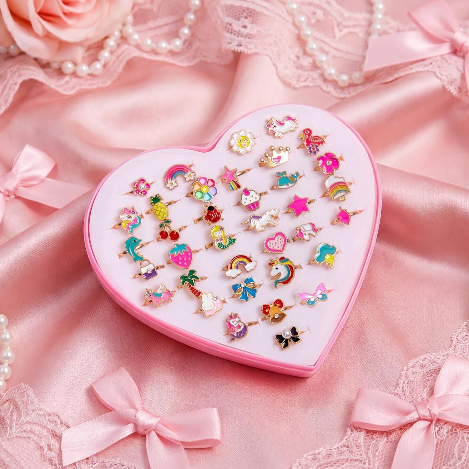 36Pcs Little Girl Adjustable Gem Rings Set Kids Dress Up Jewelry Birthday Gifts