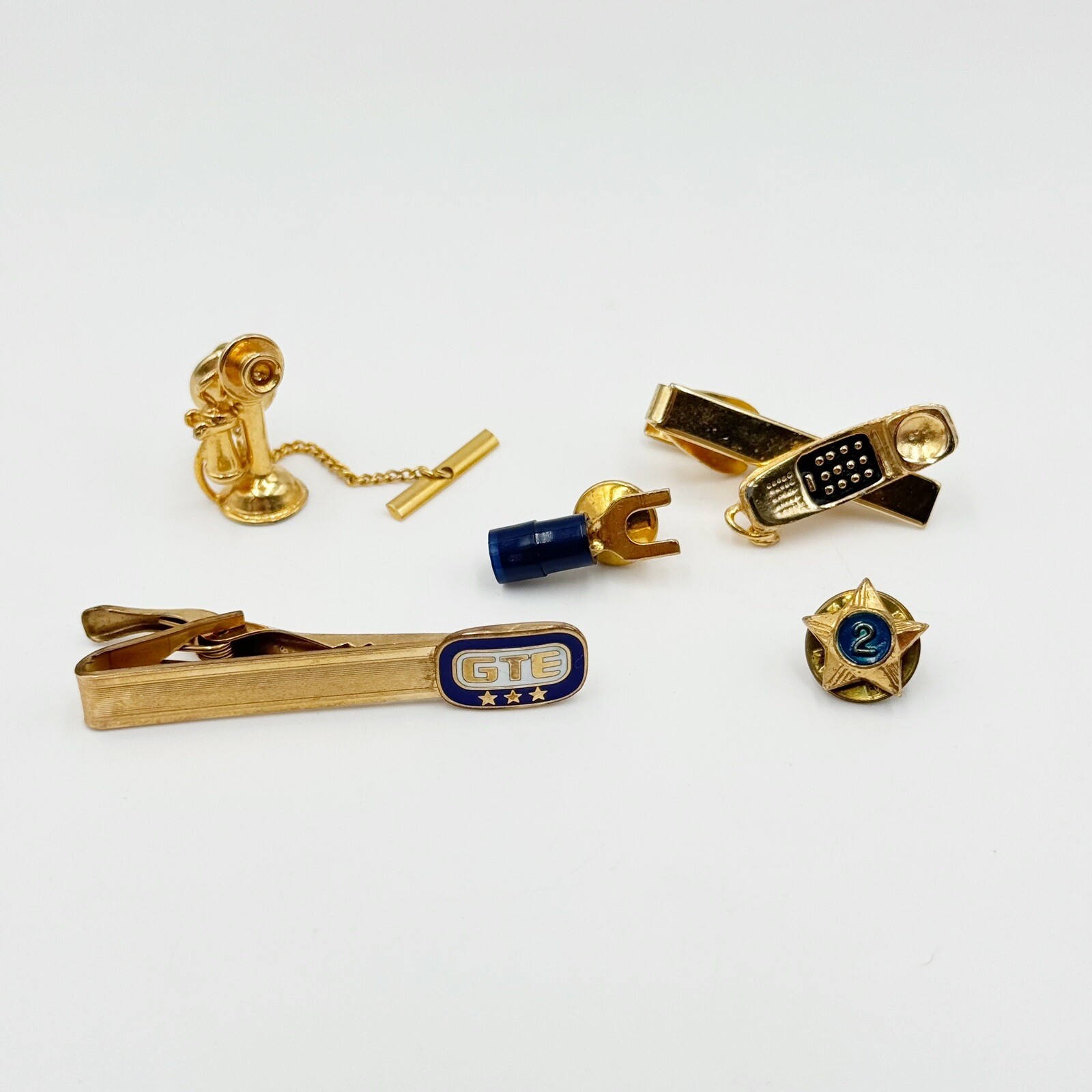 Vintage GTE 10k GF Tie Clip & Gold Tone Telephone Phone Tie Pins Clips Lot of 5