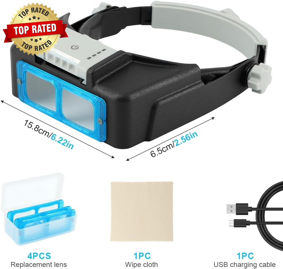 Headband Magnifier with Light,Rechargeable Magnifying Glasses for Close Work,Mag