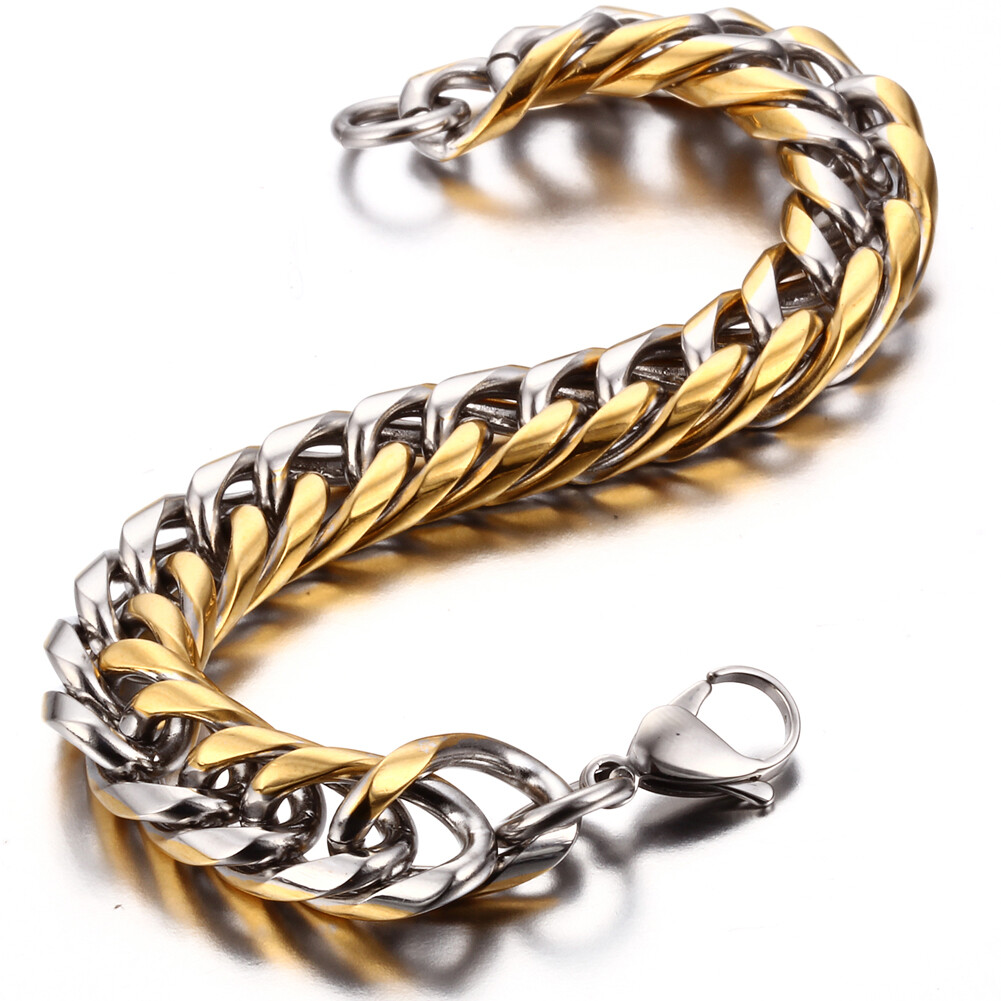 Mens Gold Tone Stainless Steel Heavy Cuban Curb Link Chain Bracelet Bangle 8.26′