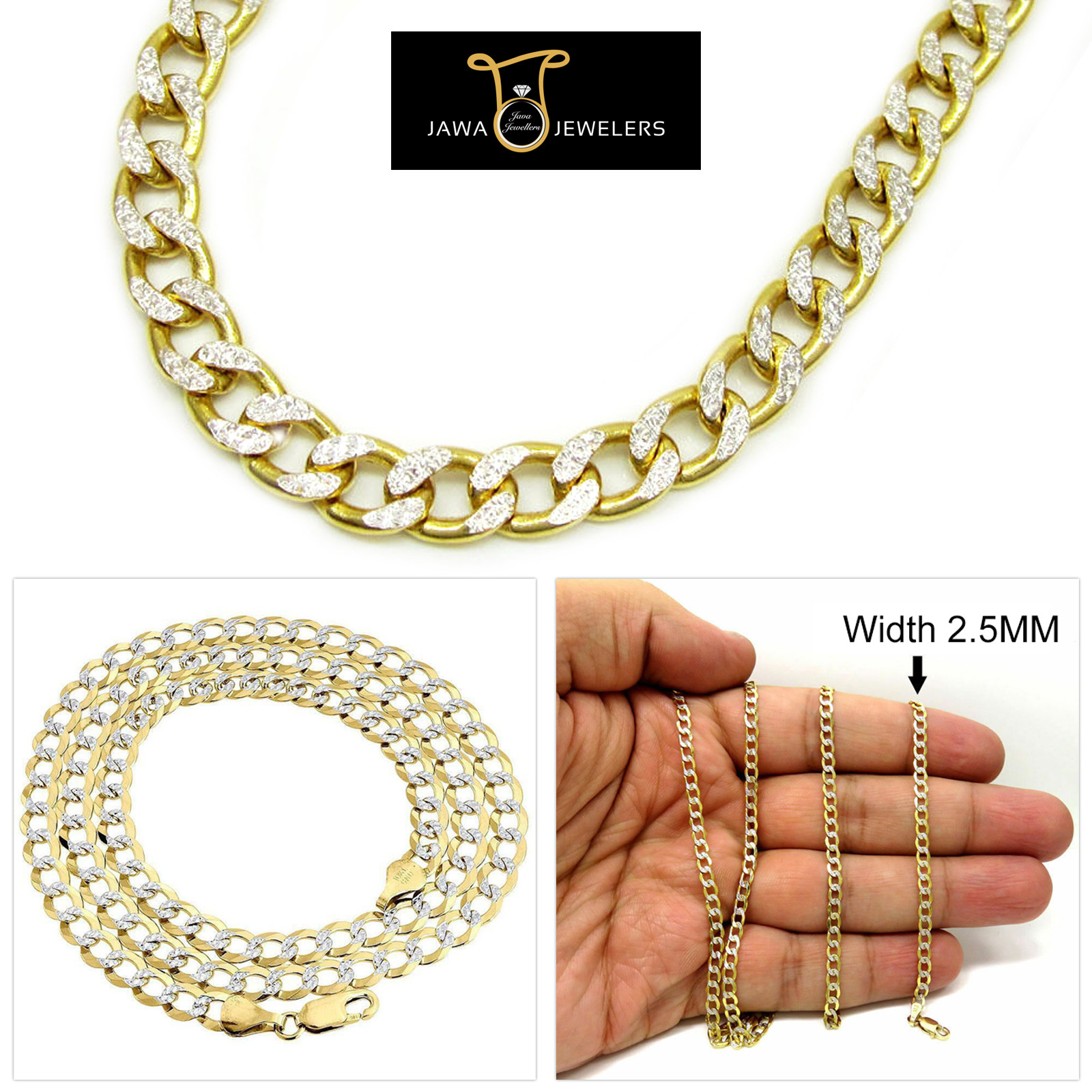 10K Yellow Gold Mens Diamond Cut Cuban Pave Link Chain Necklace 2.5MM 16”-22”