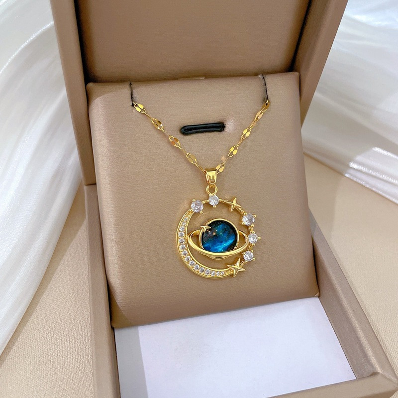 Night Sky Necklace Stainless Steel Moon&Stars Pave CZ Pendant Chain Necklace
