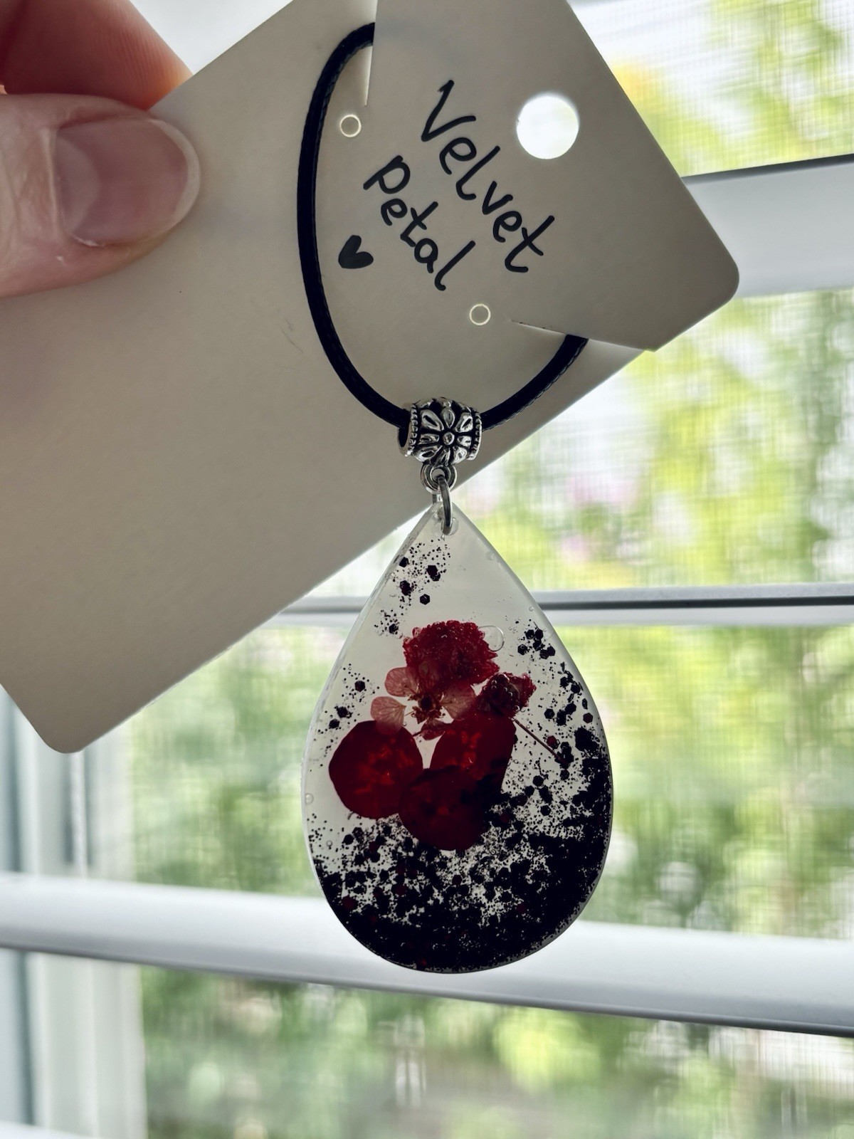 Velvet Petal Resin Necklace Handmade Real Flower Red Glitter Teardrop Pendant