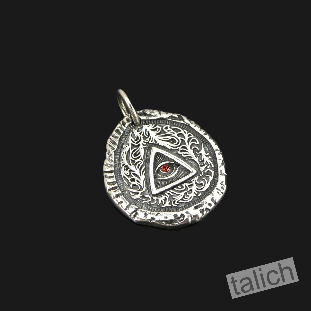 925 Sterling Silver Ornate Scrolls Red CZ All Seeing Eye Charm Amulet Pendant
