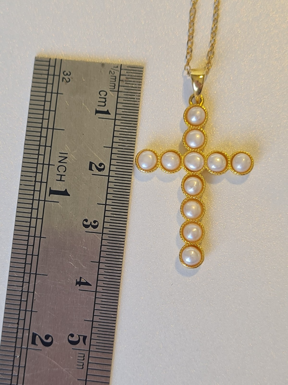 KEZEF Italian Gold over Sterling Silver Real Pearl Christian Cross + Necklace