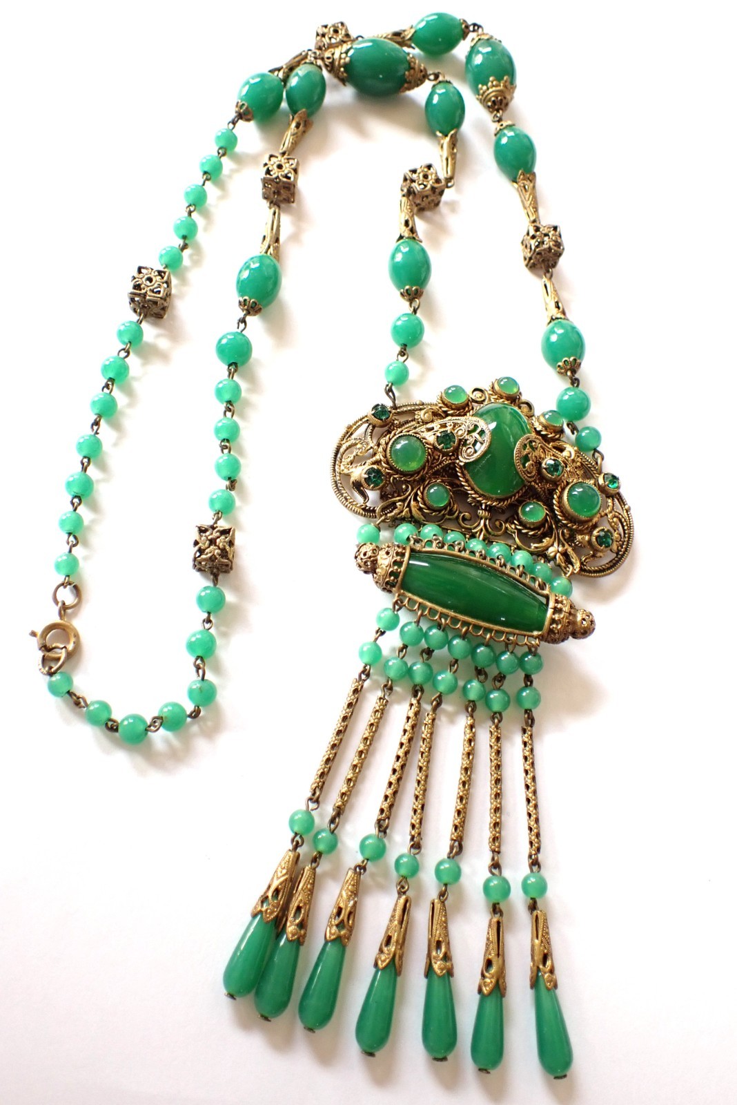 Art Deco Neiger Bros Czech Green Chrysoprase Glass Filigree Pendant Necklace