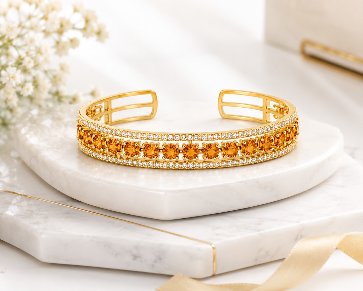 Natural Citrine Cuff Bracelet 925 Sterling Silver 14K Gold Plated Moissanite