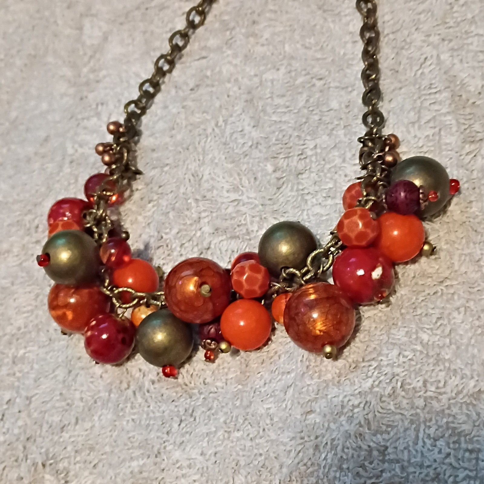 Orange Red Bronze Beaded Statement Necklace, Oval Link Chain, Adjustable