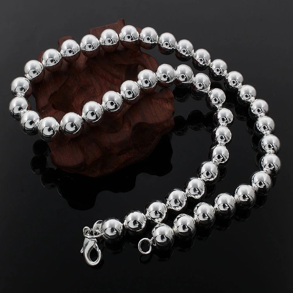 10MM Smooth Beads chain 925 Sterling Silver Necklaces for Women wedding Gift