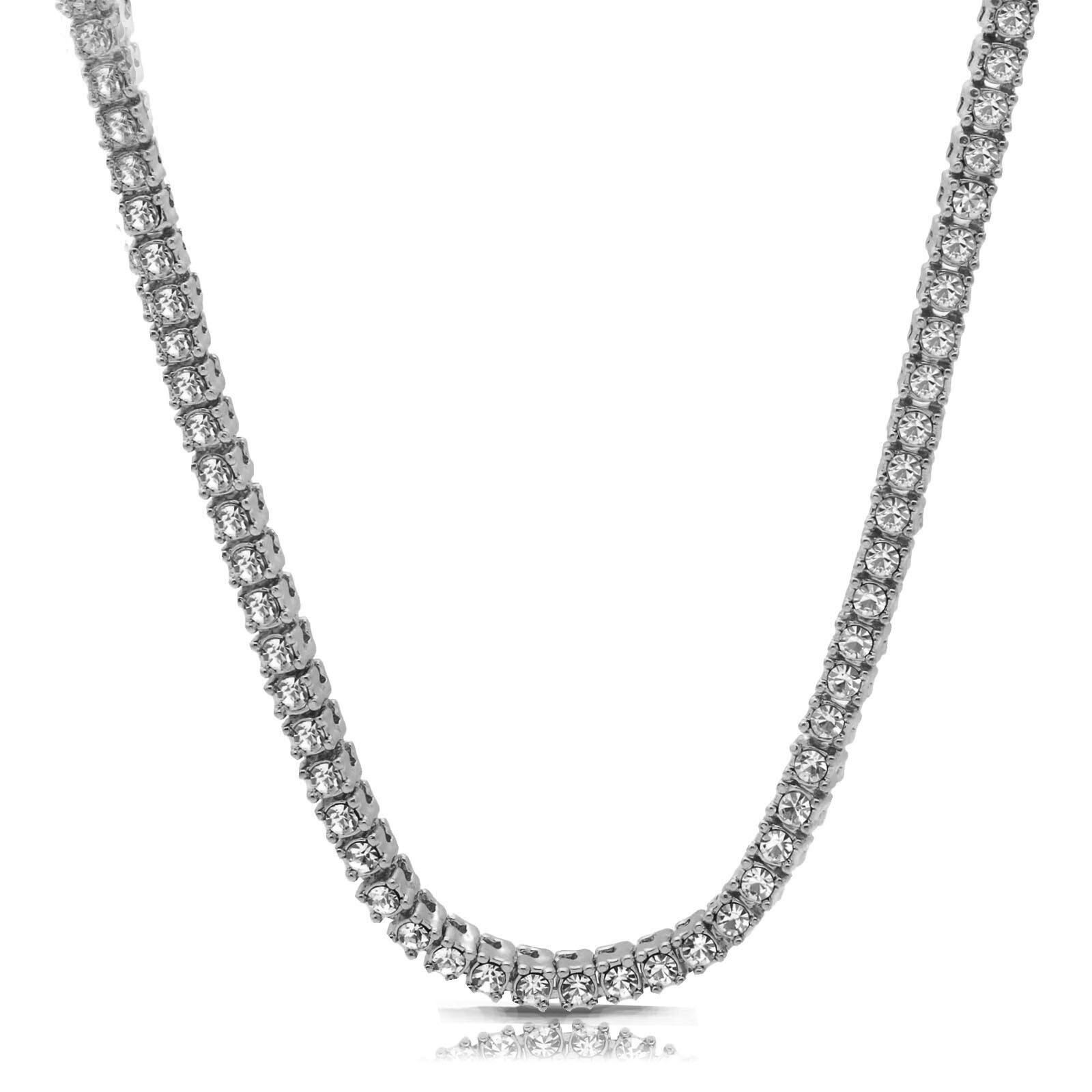 14k White Gold Plated Ice Cubic Zirconia 1 Row SILVER Chain Tennis Necklace