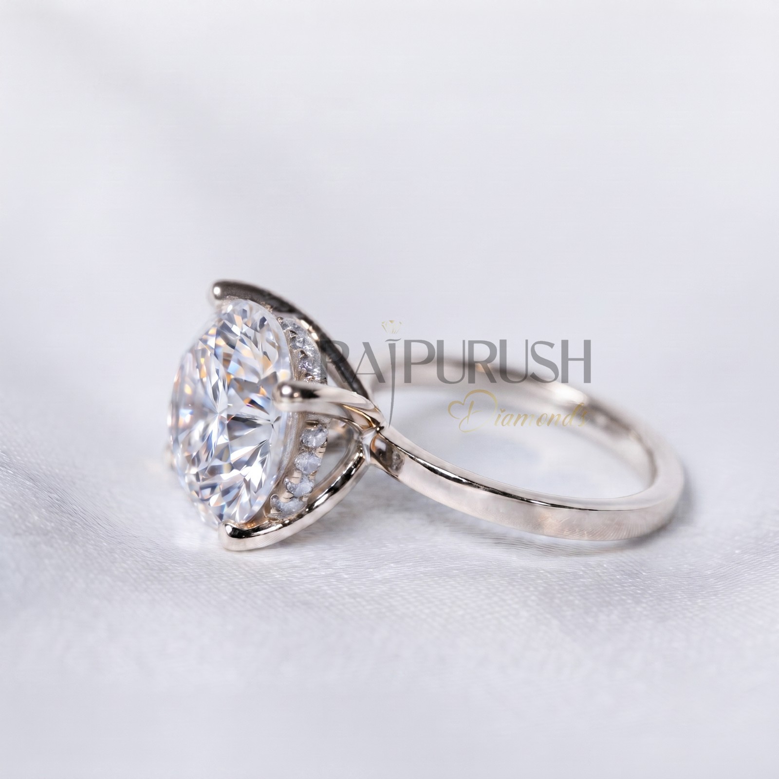 Round Cut Moissanite Hidden Halo Engagement Ring 925 Sterling Silver Bridal Band