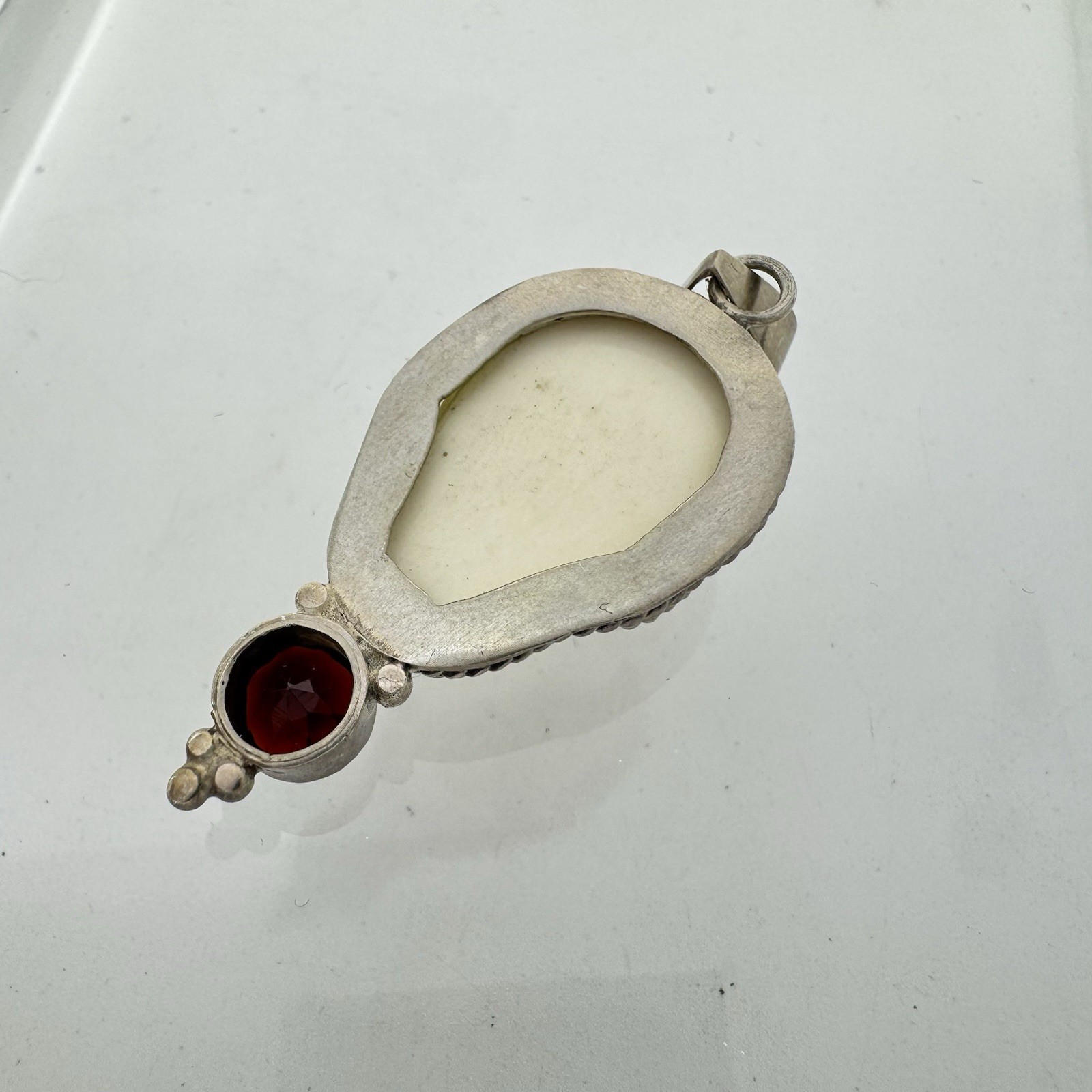 Sterling Silver Skull Carved Bovine None W/ Garnet Pendant 1.75”