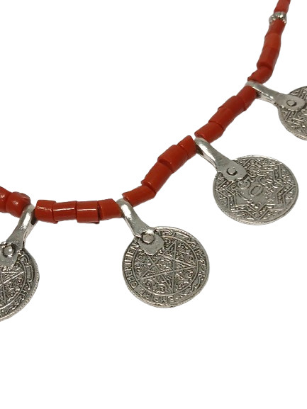 Handmade Berber Moroccan Necklace Imitation Old Coins Coral Beads Tribal Jewelry