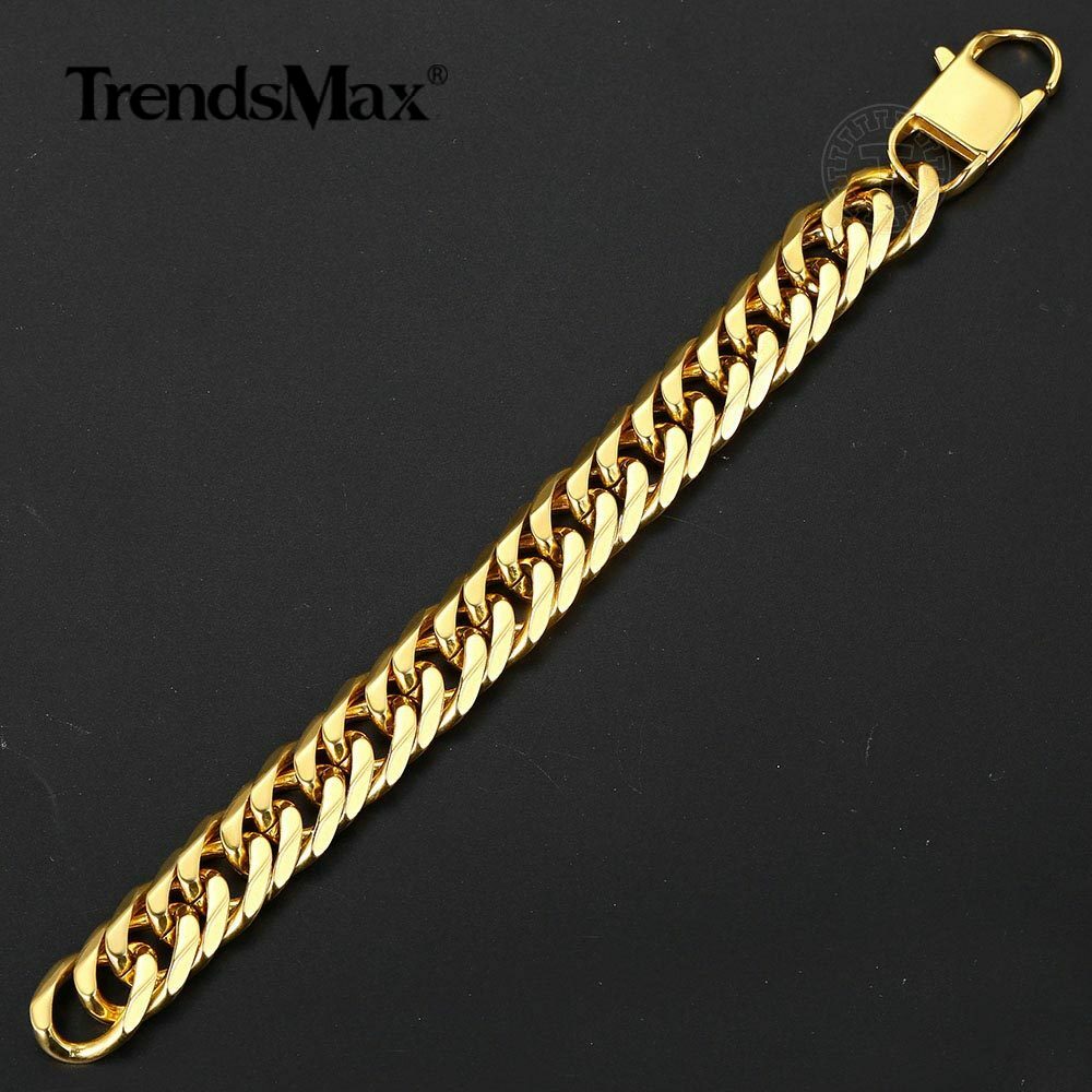 15mm 316L Stainless Steel Mens Chain Curb Cuban Link Bracelet Silver Gold Plated