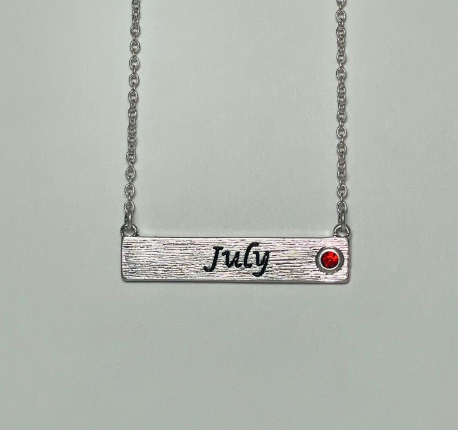 Personalized July Birthstone Necklace Bar Pendant Dainty Silver Plated