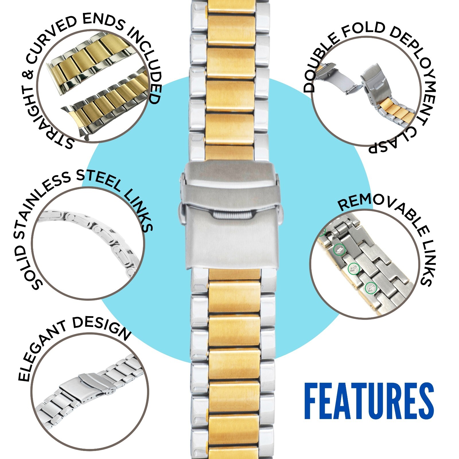 Bandini Curved End Metal Stainless Steel Watch Band Strap Bracelet 18 20 22mm 24
