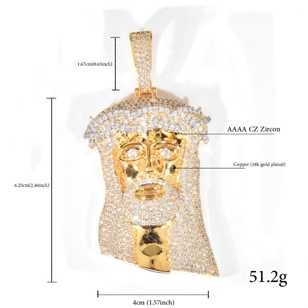 Hip Hop Jesus Face Pendant Necklace Full Zircon 18K Gold Plated Religion Jewelry