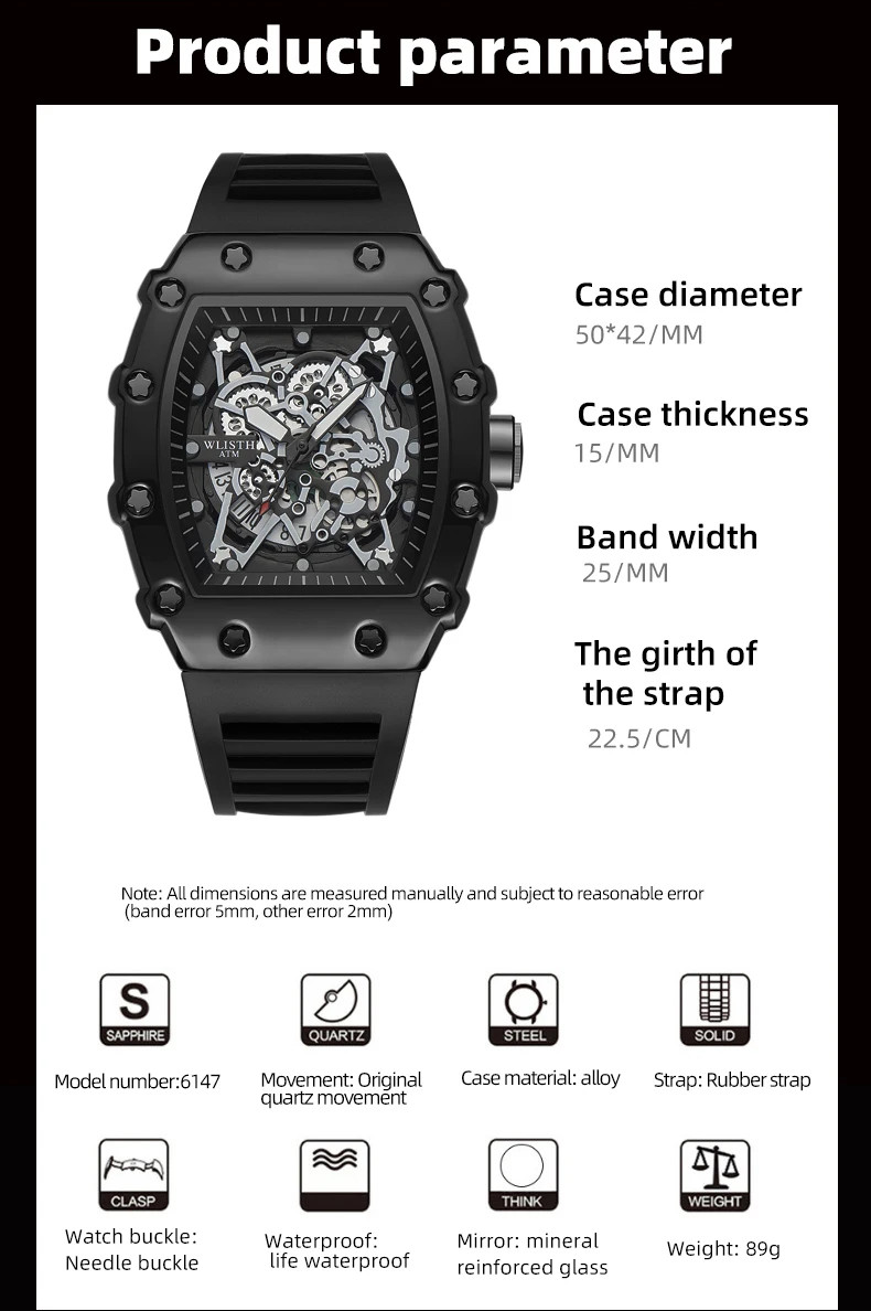 Men’s Quartz Wrist Watch Large Dial Waterproof Sport Luminous Square Analog