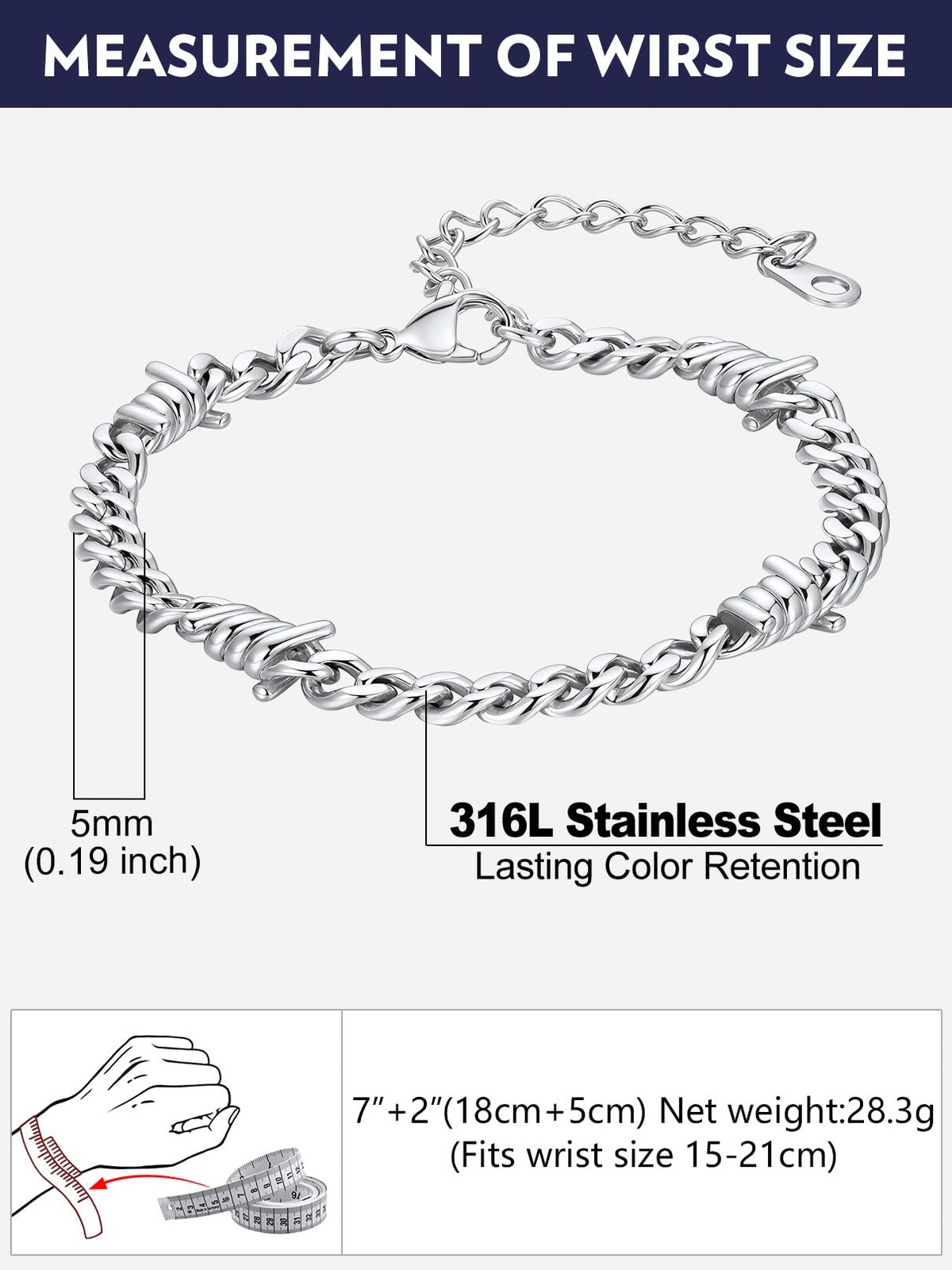 Bandmax Stainless Steel Chain Bracelet for Women Men 5MM Slim Barbed Wire Lin…