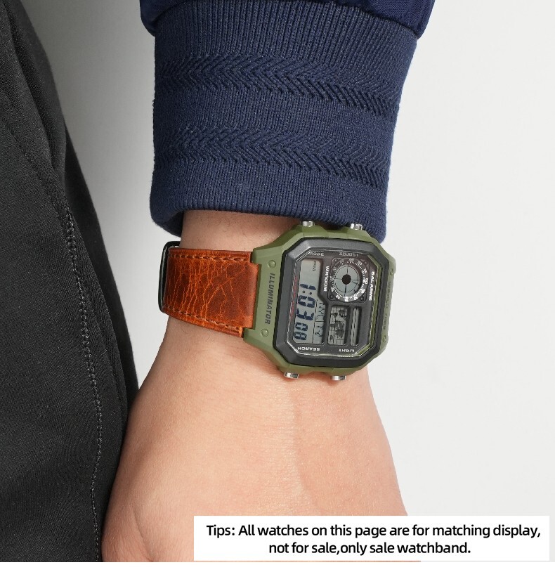 For Casio AE-1200 AE-1300 Genuine Leather Watchband Retro Burst Pattern Strap 18