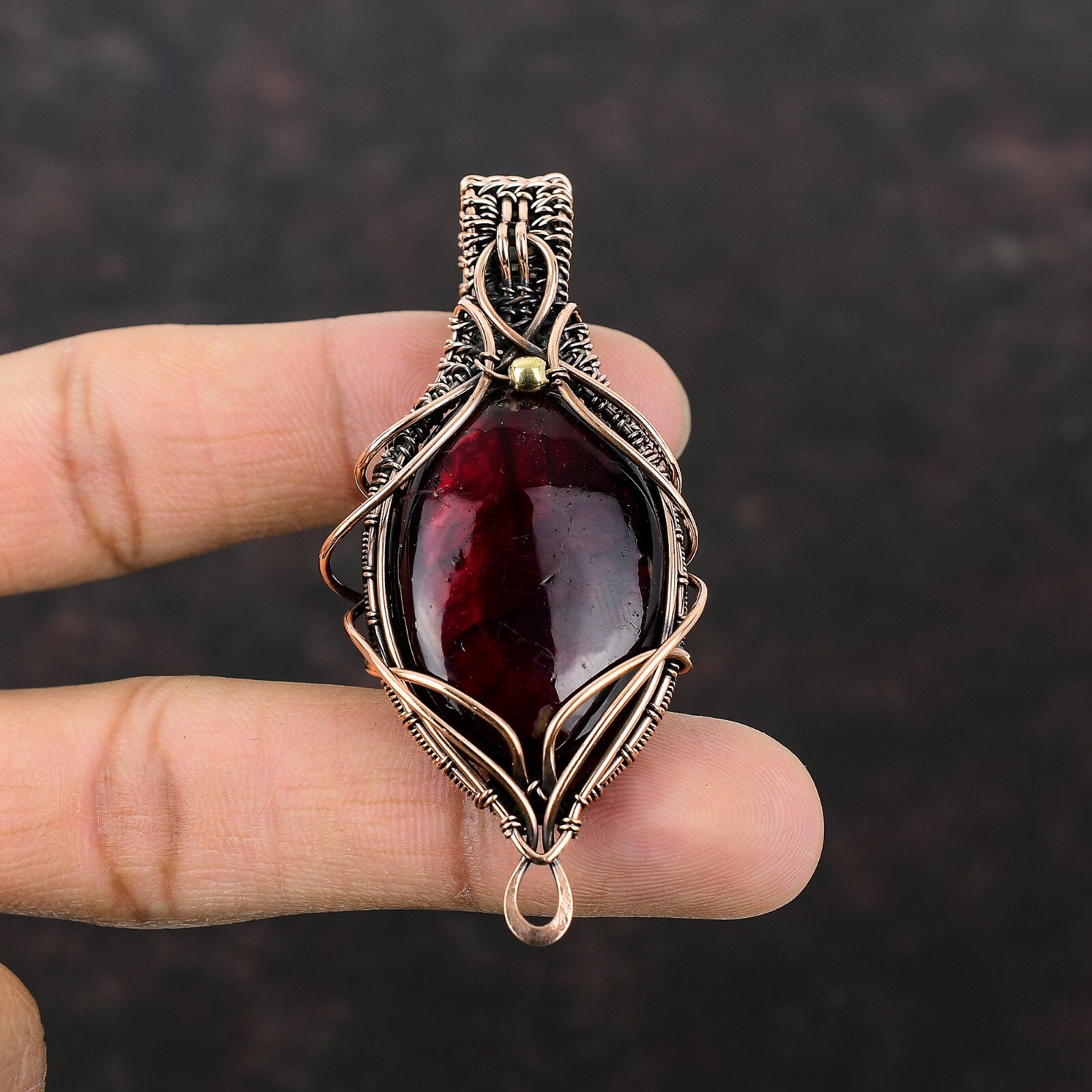 Red Fire Labradorite Copper Gift For Mom Wire Wrapped Pendant 2.76″