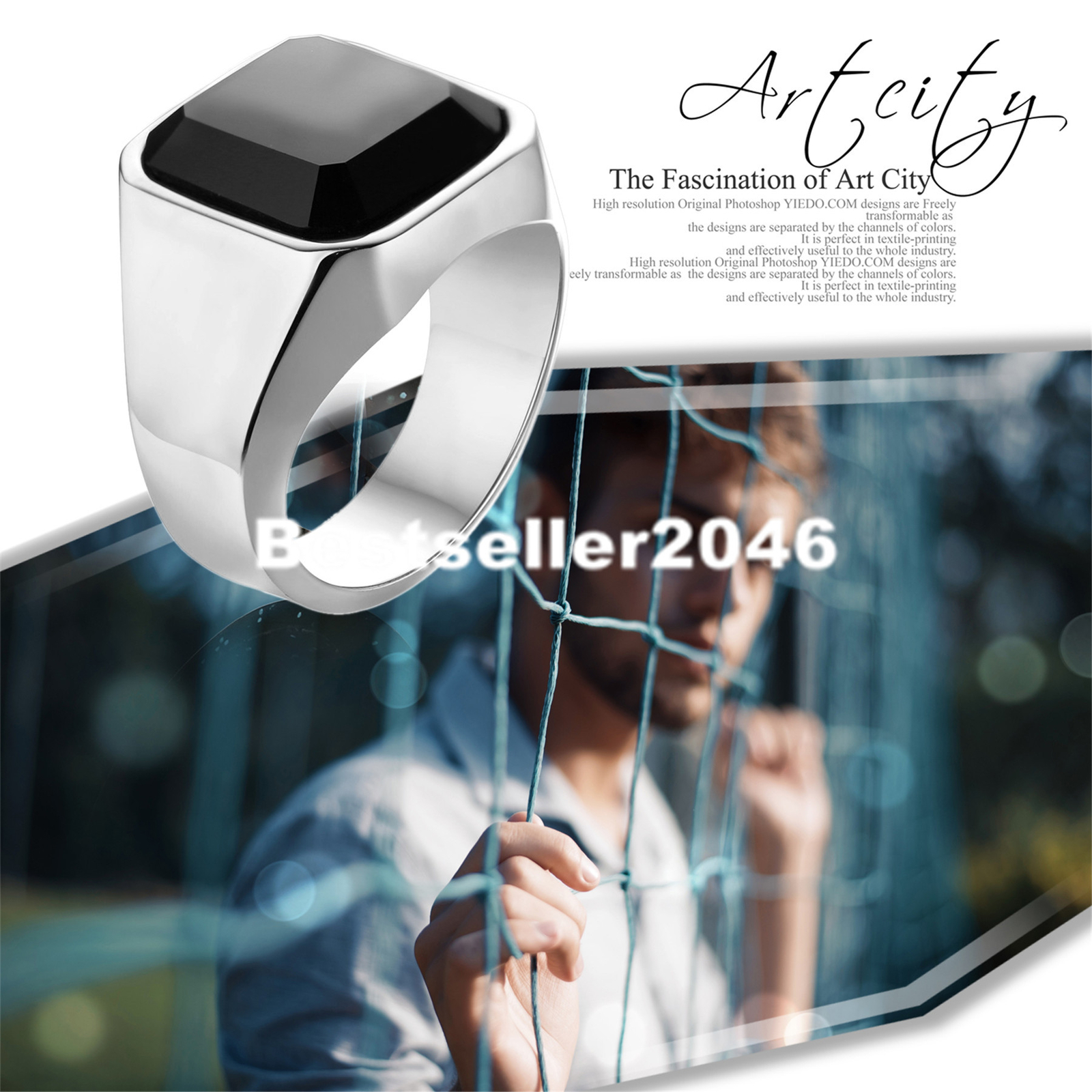 Men’s Stainless Steel Black Glass Signet Promise Ring Wedding Band Size 7-13