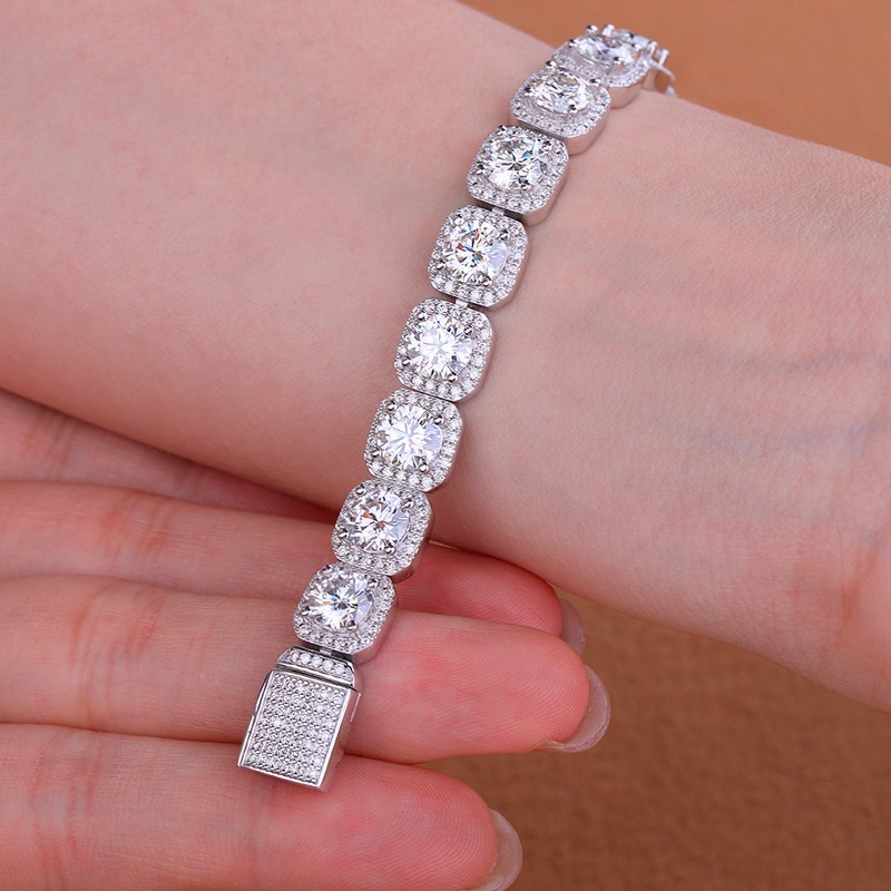 Full Real Moissanite Halo Tennis Bracelet Men 925 Sterling Silver Chain Hip Hop