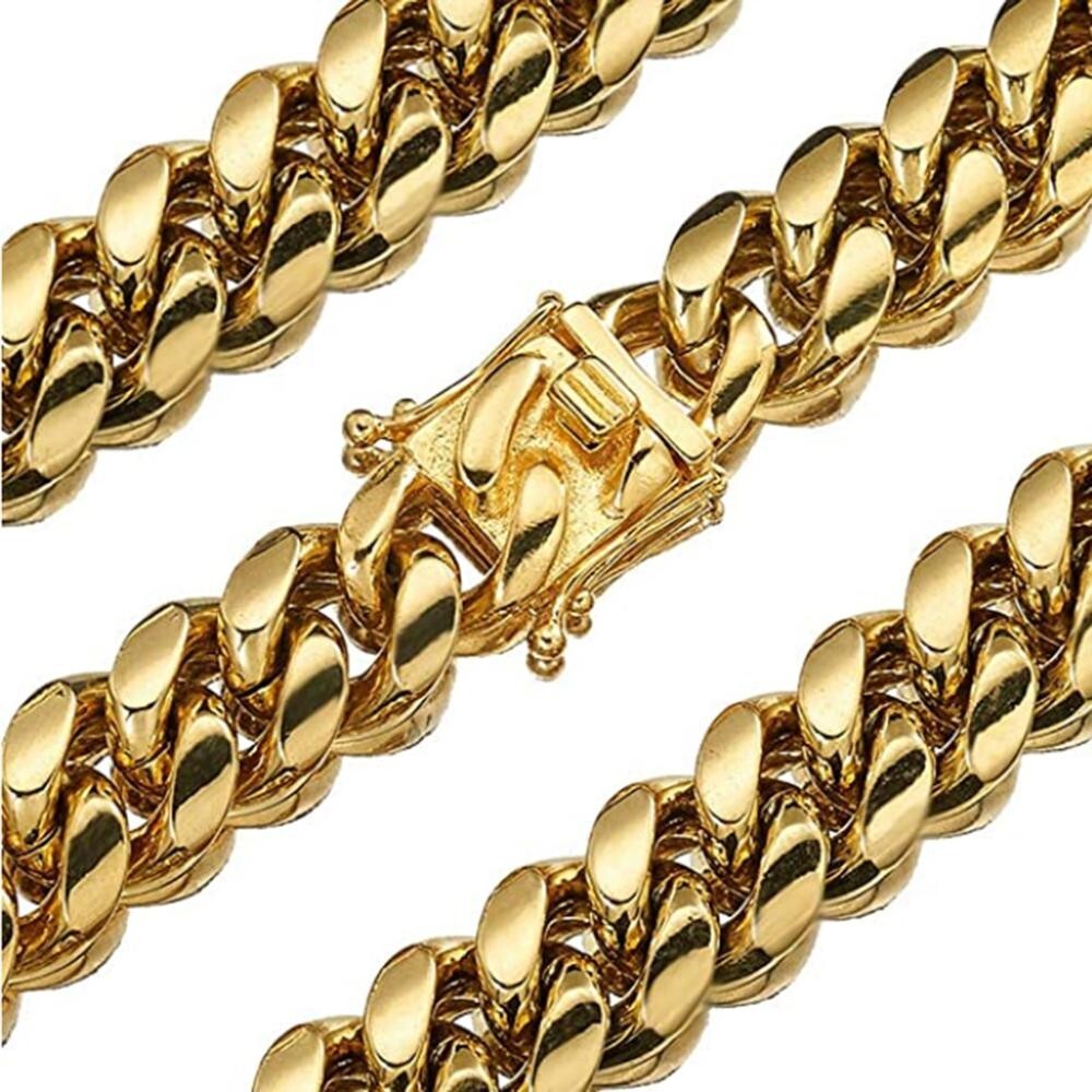 6-14mm Gold Tone Stainless Steel Curb Cuban Link Chain Necklace for Men Women