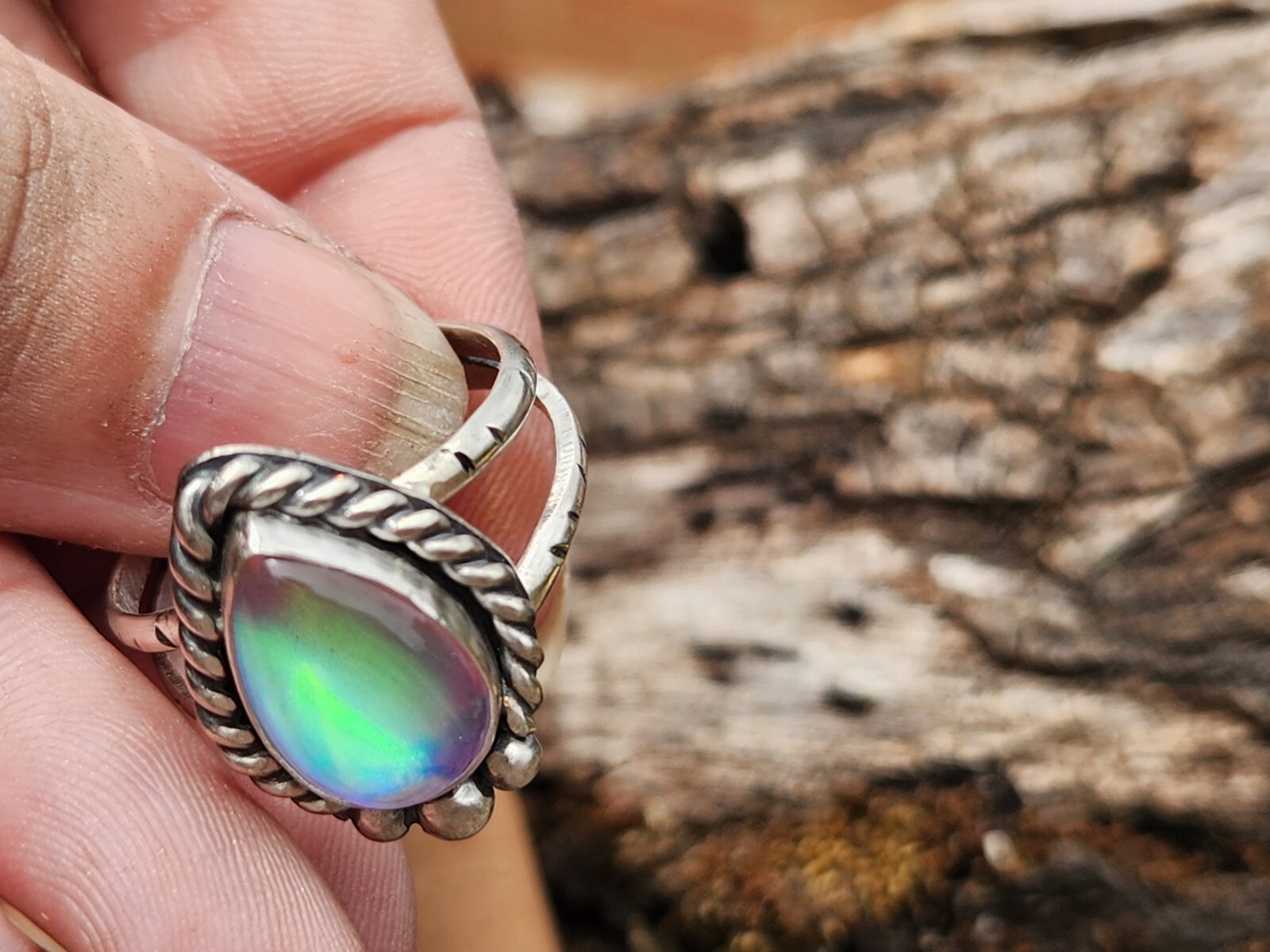 Aurora Opal Handmade Sterling Silver Ring, Statement Jewellery Jewelry Size 8.25