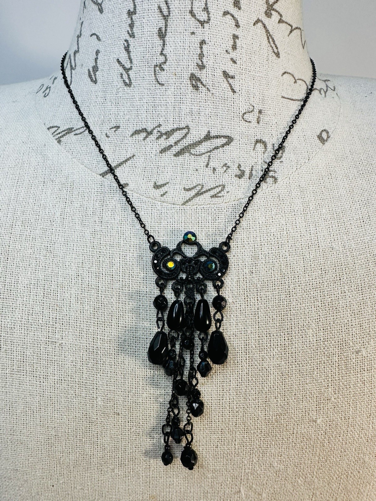 Black Dangle Fringe Necklace with Aurora Accent Crystals and Black Beads