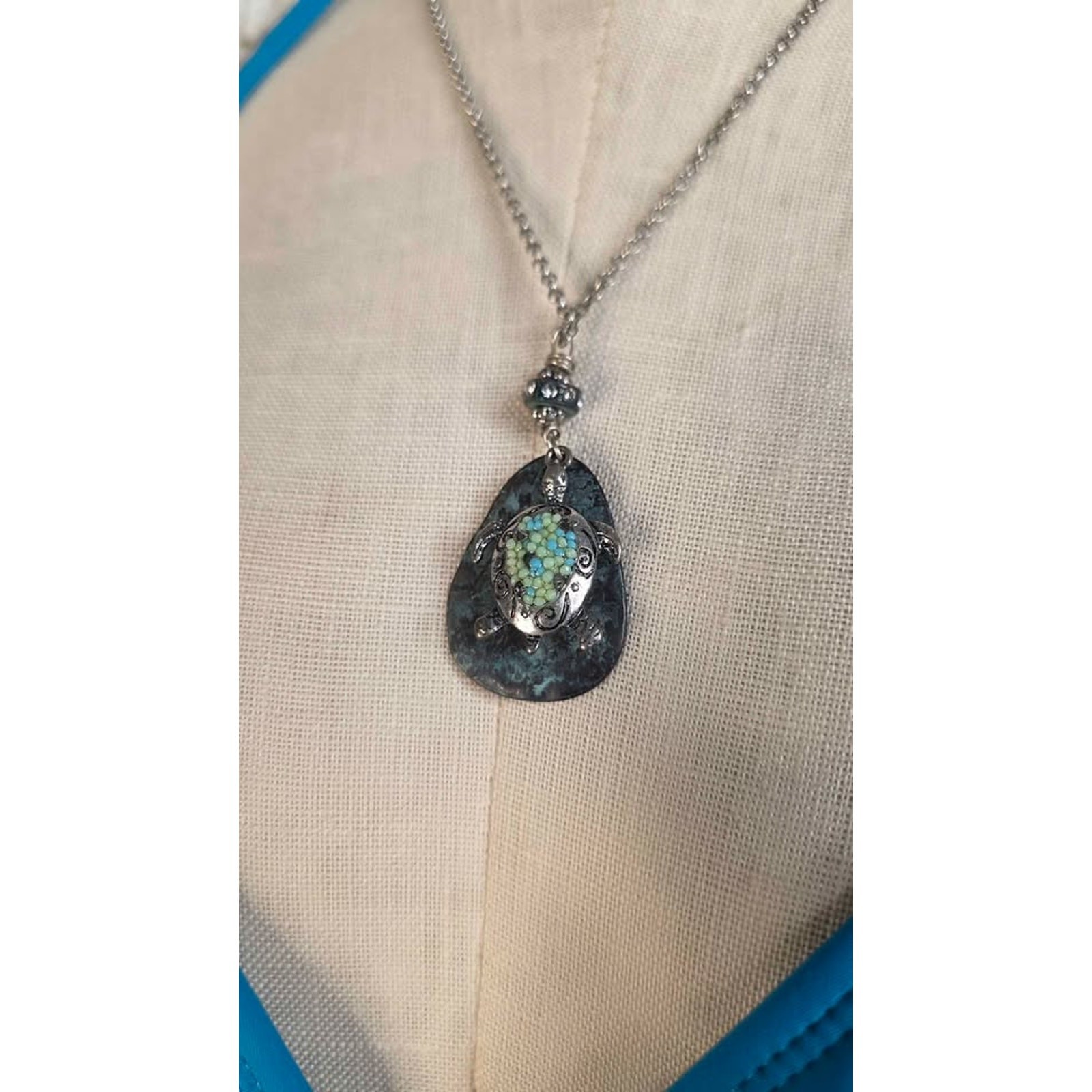 Sea Turtle Necklace Coastal Boho Beach Sliver Tone Jewelry