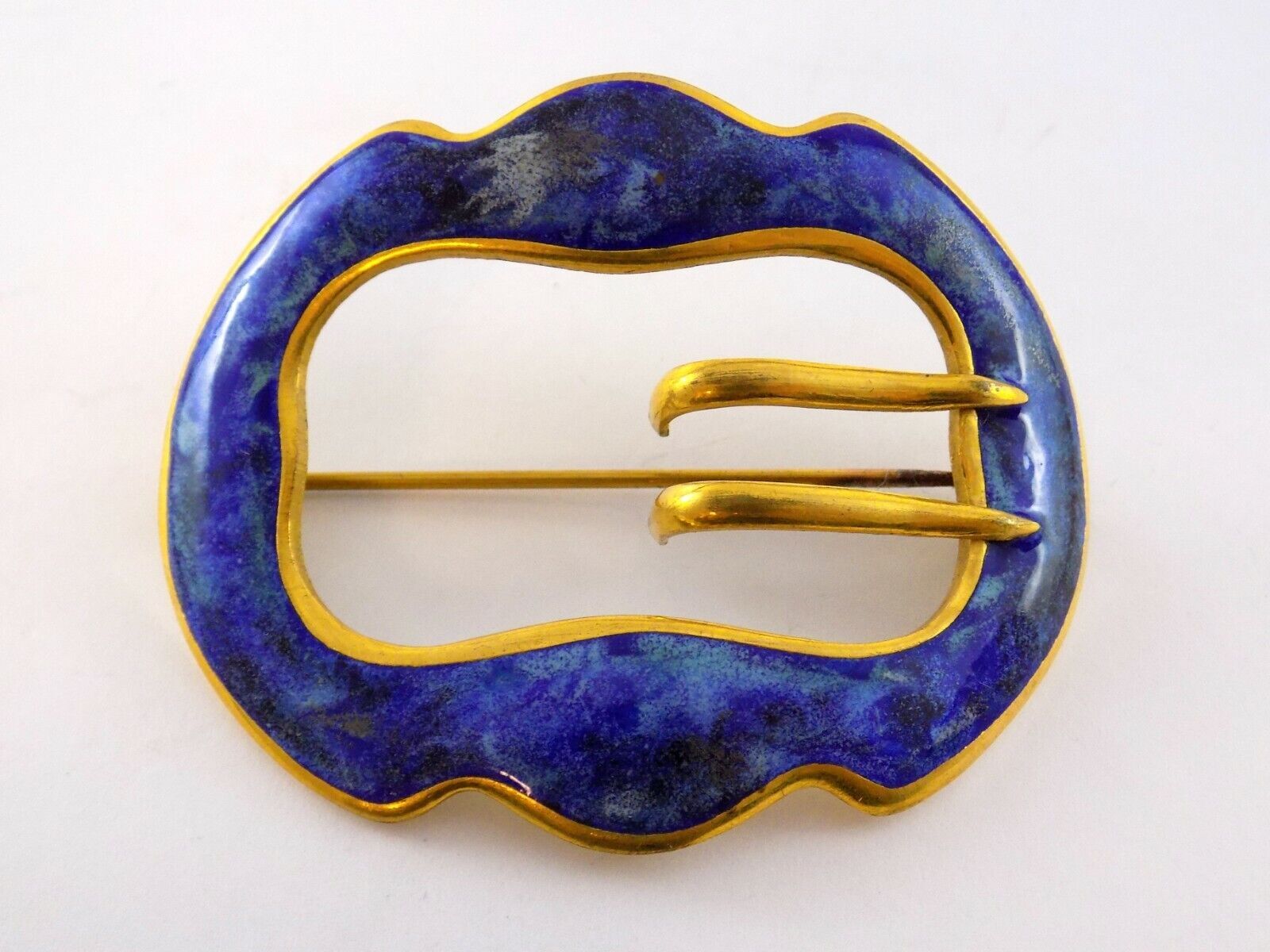 Vintage Unsigned Goldtone Metal and Blue Enamel Belt Buckle Brooch Pin 2.5 Inch